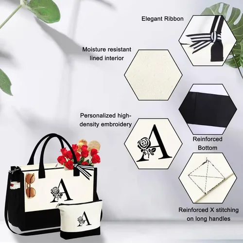 Miniatura 5 de YOOLIFE Bolsa de lona personalizada con inicial con bolsa de maquillaje, bolsa de playa con cremallera correa ajustable, regalos de cumpleaños