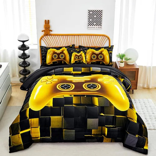 Miniatura 13 de PERFEMET Juego de ropa de cama tamaño Twin en una bolsa, 6 piezas, juego de ropa de cama gaming para niños, edredón azul gamer con juego de sábanas