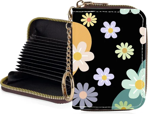 Miniatura 18 de Tarjetero de crédito para mujer, pequeña cartera RFID con cierre de llavero, bonita cartera de piel sintética, Huellas de patas en blanco y negro