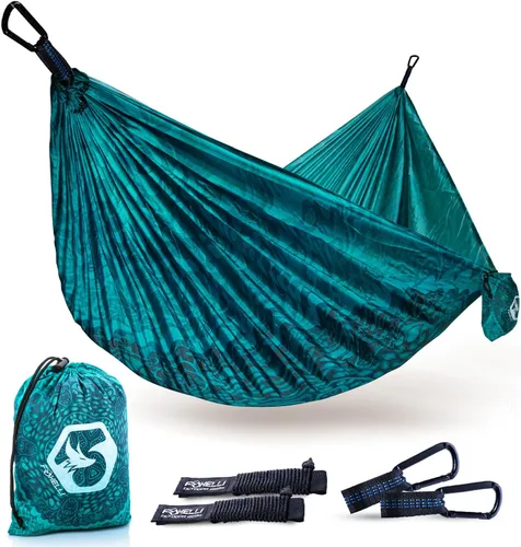 Miniatura 8 de Foxelli Hamaca de camping – Hamaca portátil de nailon de paracaídas ligera con cuerdas de árbol y mosquetones, perfecta para exteriores, mochileros