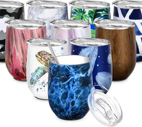 THILY Vaso de vino aislado de acero inoxidable de 12 onzas, copa de vino sin tallo con tapa deslizante y popote de metal, taza de viaje que mantiene