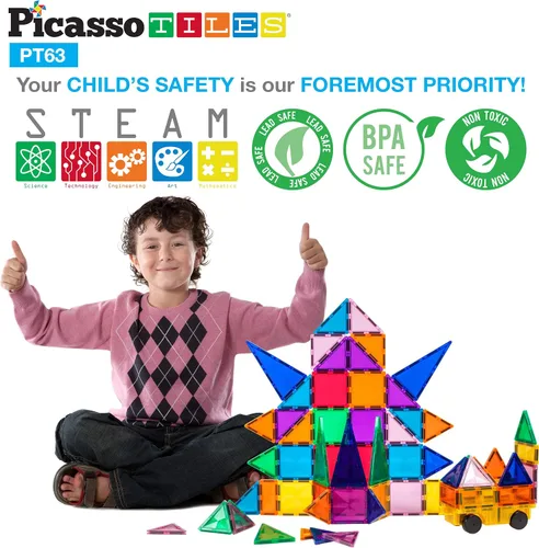 Miniatura 5 de PicassoTiles Juego de 63 piezas de azulejos magnéticos de diamante + 4 figuras de acción familiar, juego de juguetes de construcción de bloques