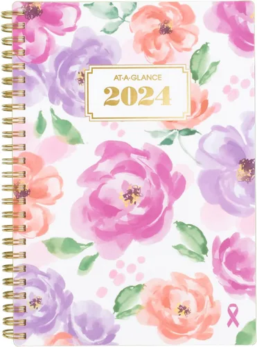 AT-A-GLANCE Planificador semanal y mensual 2024, 5-1/2 x 8-1/2 pulgadas, pequeño, pestañas mensuales, bolsillo, insignia floral (1675F-200-24)