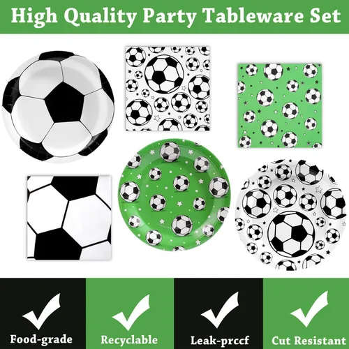 Miniatura 3 de 120 piezas de decoración de fiesta de fútbol, suministros de fiesta de cumpleaños de fútbol, juego de vajilla desechable con estampado de fútbol