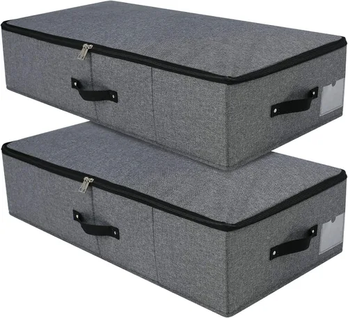 2 cajas de almacenamiento plegables debajo de la cama con forro de soporte de plástico, asas, tapa con cremallera, mantas, ropa y edredones,