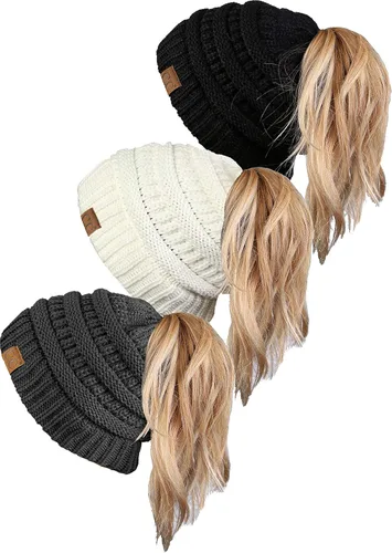 Miniatura 22 de Funky Junque Gorro para mujer con diseño de moño desordenado, color liso y acanalado