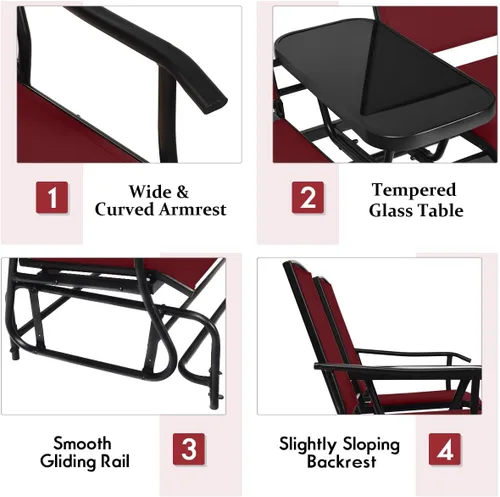 Miniatura 6 de Giantex Banco columpio para exteriores, silla oscilante con estructura de metal, mesa central de vidrio templado, asiento deslizante para dos Borgoña