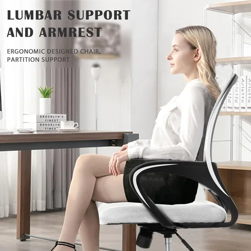 Miniatura 6 de MKDLUFEI Silla de Oficina, Silla Ergonómica Económica con Soporte Lumbar, Ajustable con Respaldo Medio, Giratoria y con Ruedas, para Oficina