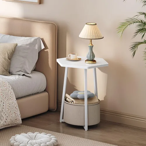Miniatura 6 de MAHANCRIS Mesa auxiliar pequeña, mesa auxiliar redonda con cesta de almacenamiento, mesita de noche moderna para espacios pequeños, mesita de noche