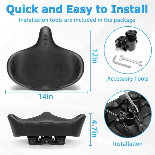 Miniatura 7 de CDYWD Asiento de bicicleta de gran tamaño para hombres y mujeres, cojín de asiento de bicicleta extra ancho, cómodo acolchado de ala, sillín