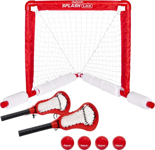 GoSports Lacrosse - Juego de portería flotante para piscina, incluye portería de agua, 2 palos y 4 bolas suaves, color rojo