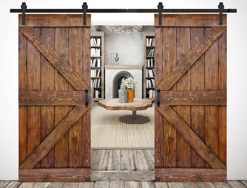 Miniatura 43 de Serie K de 60 x 84 pulgadas (30 x 84 pulgadas x 2 paneles) Puerta corredera clásica de madera maciza con acabado de nogal con riel de herrajes