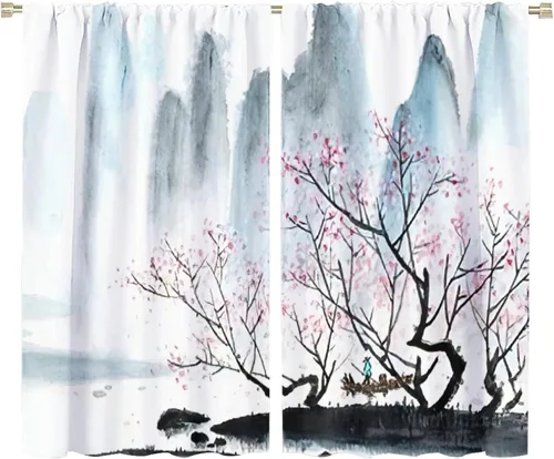 Miniatura 43 de Cortina japonesa con diseño de cerezo en flor, montañas, río, nubes, pinos, paisaje, naturaleza, asiático, anime, oscurecimiento de habitación