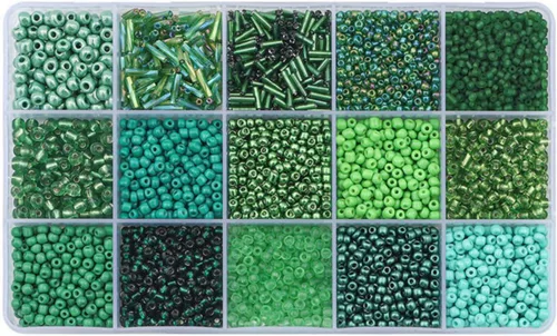 Mezcla de cuentas de tubo de semillas de vidrio de 15 colores, kit suelto para hacer joyas, manualidades (mezcla de 15 colores, verde)