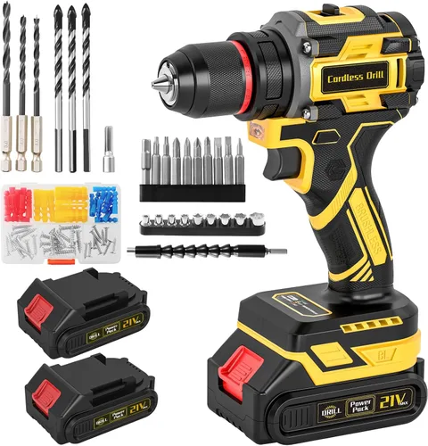 Miniatura 8 de Taladro inalámbrico, taladro eléctrico sin escobillas de 21 V con doble paquete de potencia de 2.0 Ah y cargador, juego de taladros eléctricos