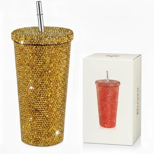 Miniatura 8 de Vaso térmico con diamantes de imitación con tapa, reutilizable, aislado, de acero inoxidable de alta calidad, botella de agua estética de primera