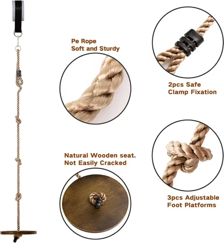 Miniatura 3 de Yangbaga Columpio de cuerda de disco redondo de madera de 51 a 73 pulgadas, cuerda de escalada ajustable con correa para colgar, gancho a presión