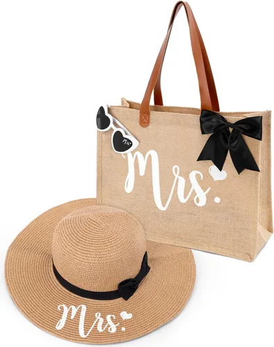 Percozzi Wifey Bride Tote Bag Sun Hat Glasses Set Bride-To-Be Shower Gift Honeymoon Jute Bag Kit multicolor/fantasía (MRS)