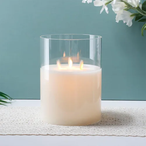 Miniatura 2 de JHY DESIGN Velas de cristal sin llama de 3 mechas de 8 pulgadas de alto operadas por batería con llama danzante parpadeante LED velas tipo pilar