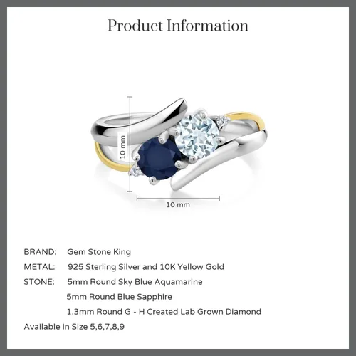 Miniatura 5 de Anillo cruzado de 2 piedras de plata esterlina 925 y oro amarillo de 10 quilates, azul aguamarina, zafiro azul aguamarina y diamante blanco