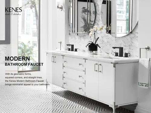 Miniatura 2 de KENES Grifo de Baño Extendido Negro Mate de Dos Manijas, Grifos de Lavabo de Baño Negro de 3 Orificios, 8 Pulgadas, Grifo de Tocador de Baño de 3