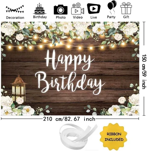 Miniatura 3 de AIBIIN Fondo de madera de 7 x 5 pies, fondo de fotografía de madera rústica, flores blancas, luces cálidas, decoraciones de fiesta de feliz