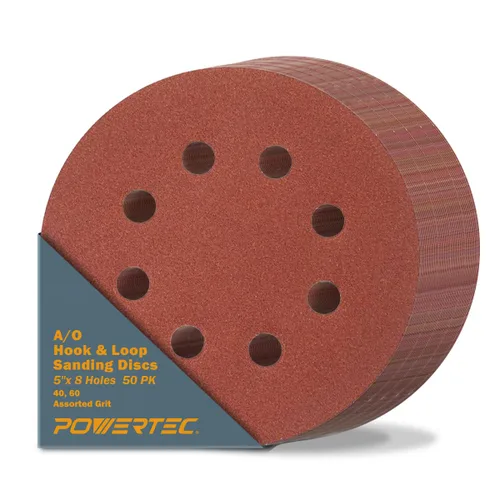 POWERTEC Paquete de 50, granos 40/60, discos de lijado de 5 pulgadas, con gancho y bucle, discos de papel de lija de óxido de aluminio de 5 pulgadas