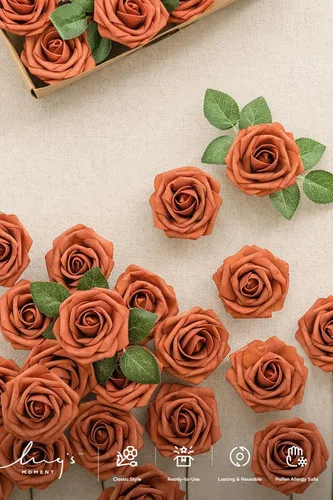 Miniatura 5 de Ling's moment Flores Artificiales de Otoño 25 Piezas Rosas Naranja Quemado Decoración c/Tallos, 3" Tacto Real DIY Espuma Floral para Ramo de O