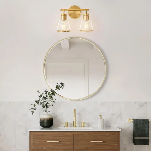 Miniatura 3 de Accesorios de iluminación de baño sobre espejo Luces de tocador doradas de 2 luces con pantalla de vidrio transparente de 14 pulgadas Luces