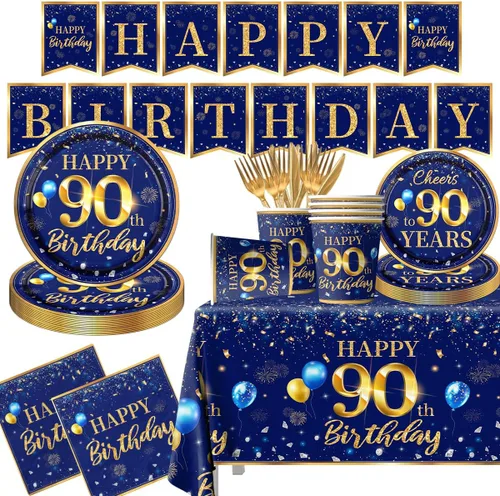 Decoración de cumpleaños 90 para hombres - Juego de 142 piezas en azul marino y dorado (sirve para 20) Incluye pancarta de feliz cumpleaños 90,