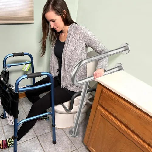 Miniatura 7 de Munzong - Riel de soporte para inodoro de 23.4 x 28 pulgadas, barra de agarre antideslizante de níquel cepillado satinado para baño, pasamanos