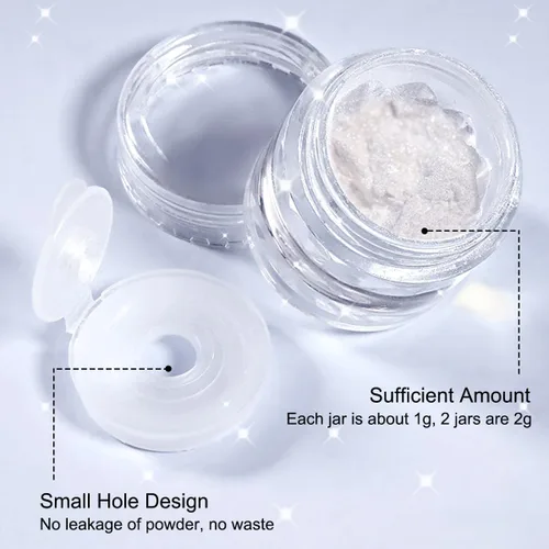 Miniatura 5 de 2 piezas de polvo de uñas cromado blanco lunar, polvo de uñas cromado perla aurora, polvo de pigmento de azúcar blanco brillante holográfico con Luz