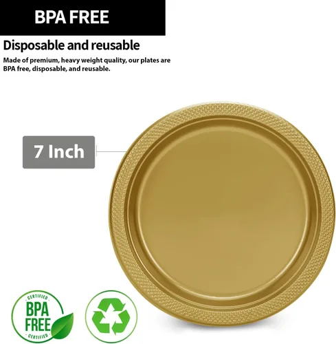 Miniatura 2 de Plato de plástico dorado sólido de alta calidad para aperitivos (7 pulgadas), 50 unidades, elegante y duradero, perfecto para fiestas y eventos