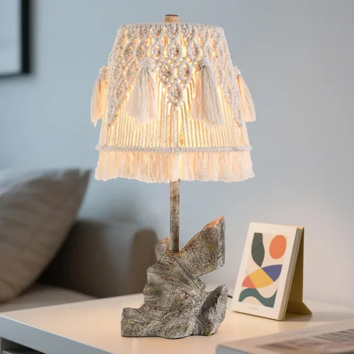 Lámpara de escritorio retro de 24 pulgadas de alto con pantalla de macramé de cuerda de algodón bohemia y base de resina hecha a mano, lámpara de