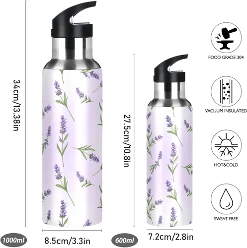 Miniatura 2 de Lavender Flowers Green Leaves Insulated Stainless Steel Water Bottle with Straw 20 Oz, BPA-Free Sports Water Bottle Leakproof Water Bottles