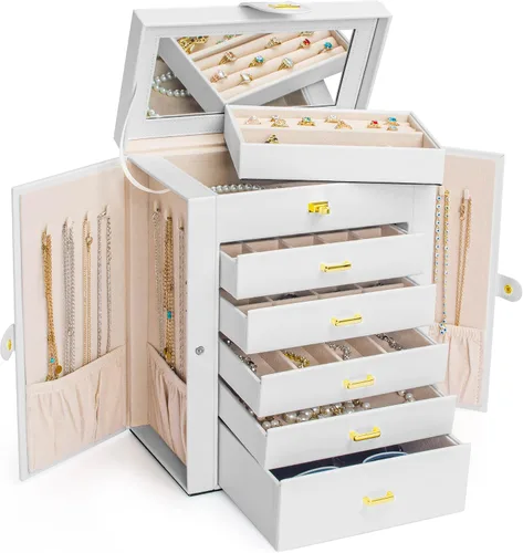 Miniatura 2 de AKOZLIN Joyero grande organizador funcional con cerradura con espejo grande, estuche de almacenamiento de joyas de cuero para mujeres y niñas