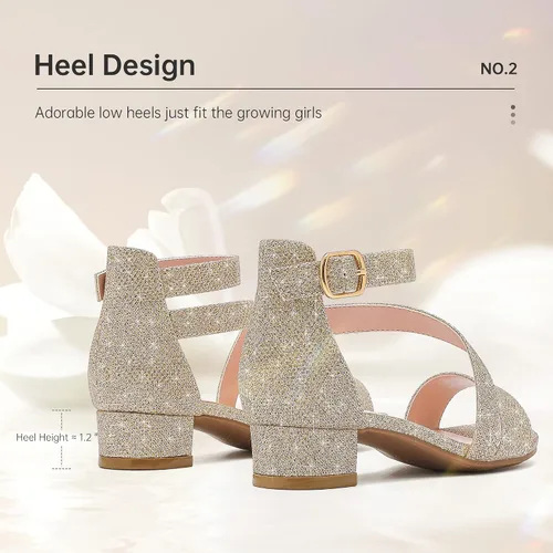 Miniatura 4 de Sandalias para niñas, tacones para niños, puntera abierta, correa al tobillo, zapatos de vestir, flores para boda, fiesta para niños pequeños