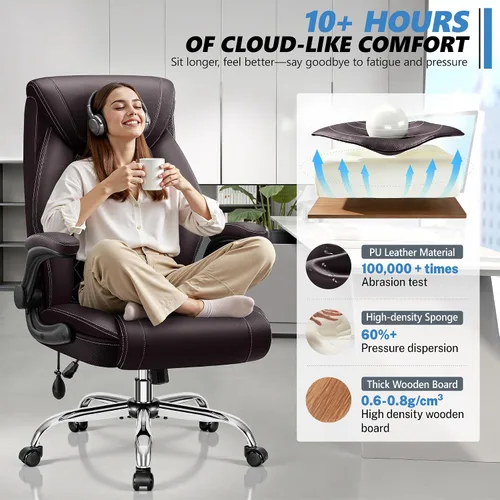 Miniatura 5 de Silla de oficina, silla de escritorio ergonómica grande y alta, silla ejecutiva de cuero para computadora con soporte lumbar ajustable, cómoda silla