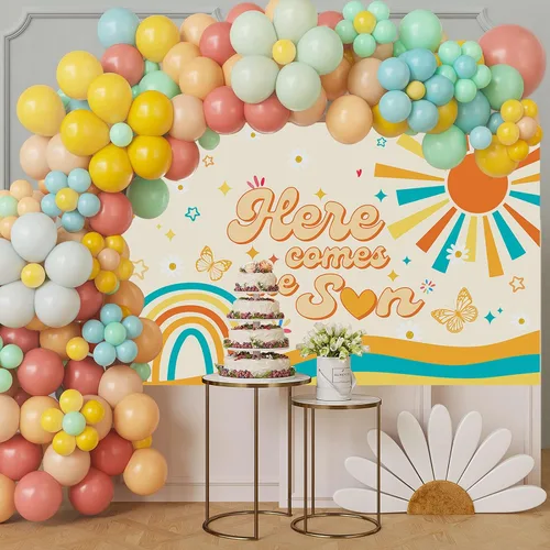 Miniatura 5 de Mocsicka Banner bohemio para baby shower con texto en inglés «Here Comes The Sun», decoración de fiesta de baby shower, para fotografía, decoración