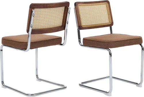 Miniatura 16 de Juego de 2 sillas de comedor de ratán, sillas de comedor modernas tapizadas de mediados de siglo con respaldo de caña, sillas de cocina de Beige