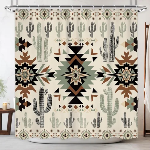 Miniatura 12 de Newsely Cortina de Ducha Pequeña para Caseta RV Occidental Azteca de Cactus 36Wx72H Pulgadas Campista Suroeste Boho Geométrica Étnica Cortina
