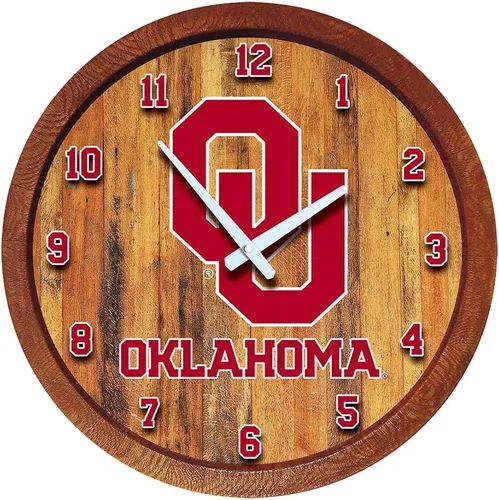 The Fan-Brand NCAA Oklahoma Sooners: Reloj de pared con parte superior de barril de imitación para decoración de bar, decoración de fiesta para el