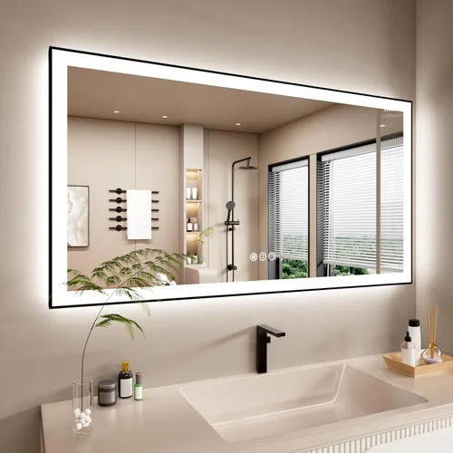Miniatura 16 de Espejo de baño LED de 60x36 pulgadas con marco negro, espejos de baño retroiluminados y con luz frontal para pared, antiempañamiento, regulable