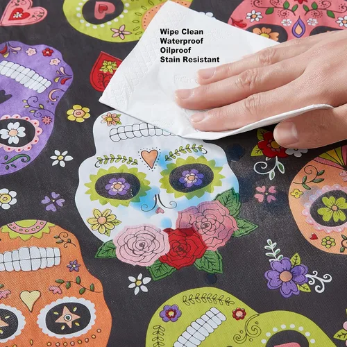 Miniatura 3 de Newbridge Mantel de vinilo con parte trasera de franela para fiesta y fiesta de calavera de azúcar, mantel de vinilo con máscara de esqueleto otomí