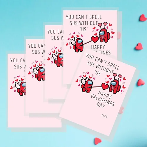 Miniatura 5 de Lashicorn A mong Us - Paquete de 30 tarjetas de San Valentín Día de San Valentín Ideal para combinar con mini figuras de Among Us Diseño Sus