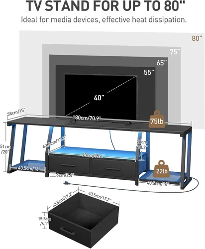 Miniatura 2 de RALGEND Soporte de TV LED para TV de 80 pulgadas, centro de entretenimiento con estantes abiertos y tomas de corriente, mesa consola de TV