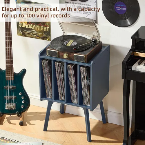 Miniatura 6 de LELELINKY Soporte para tocadiscos, mesa de almacenamiento de discos de vinilo con 4 gabinetes de hasta 100 álbumes, soporte para tocadiscos moderno