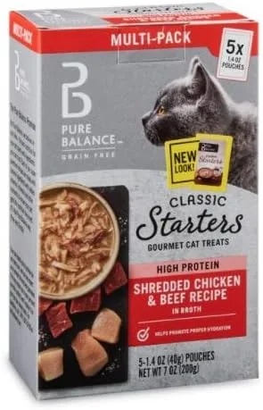 Pure Balance Classic Starters - Golosinas gourmet para gatos, pollo rallado y carne de res en caldo, 1.4 onzas, paquete de 5
