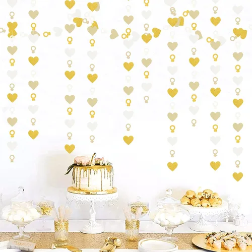 Miniatura 5 de Decoraciones de Fiesta de Despedida de Soltera de Compromiso Guirnalda Blanco-Dorado - Banderines de Papel con Corazón y Anillo de 52 Pies