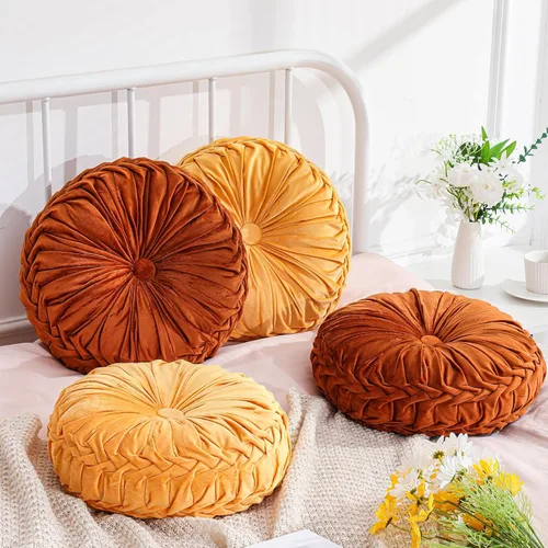 Miniatura 33 de Drydiet 3 Piezas Almohadas Redondas Decorativas de Terciopelo Plisado Almohadas de 15'' de Diámetro Acento Calabaza Boho Cojín de Silla para Sofá
